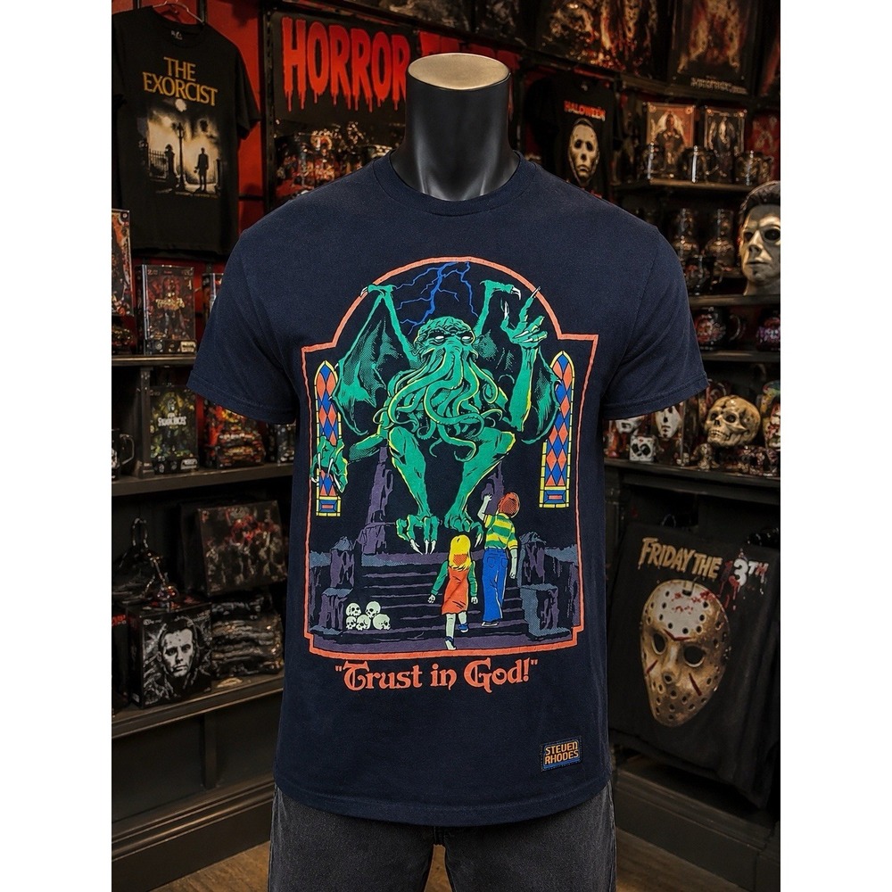 Steven Rhodes "Trust In God" Black T-shirt Cthulu Lovecraft Mythos Adult Small